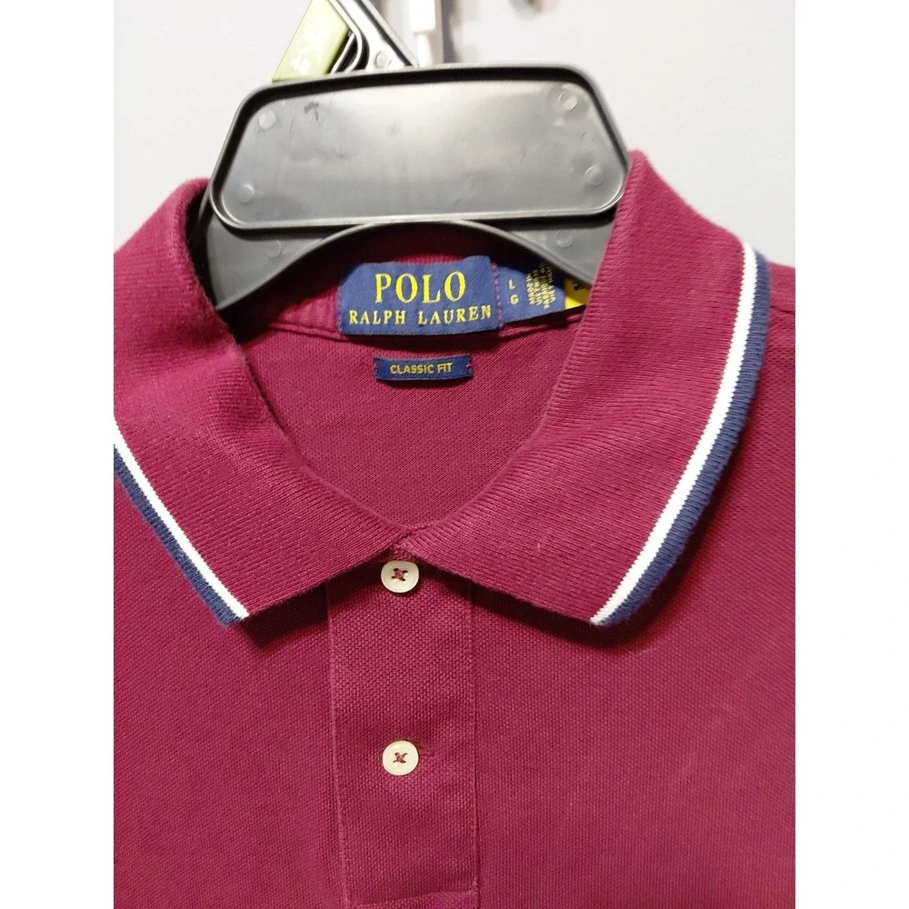 Ralph Lauren Polo Shirt Men Large Burgundy Golf Casual Pony Logo Striped Collar